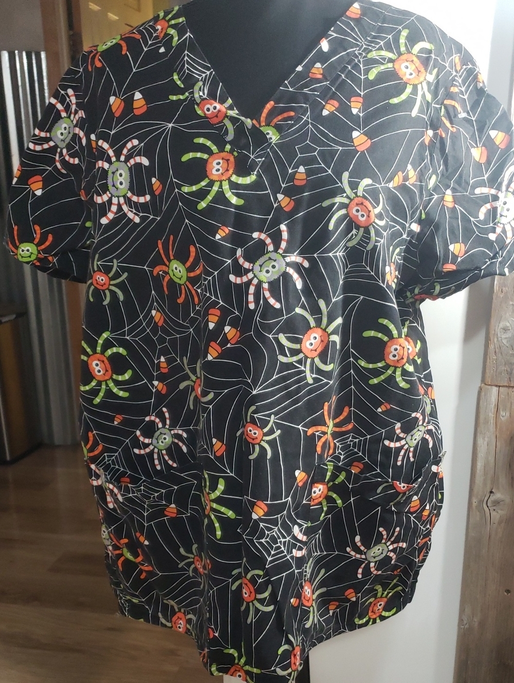 Halloween Scrubs XL Black All Over Print Spiders, Webs Candy Corn